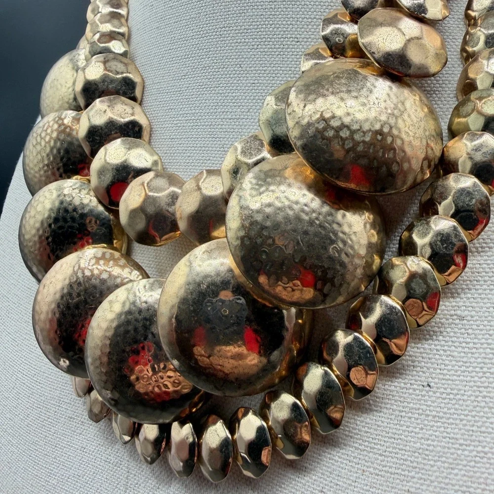 Gold Tone Hammered Disc Multi Strand Statement Bib Necklace Bold Chunky Layered